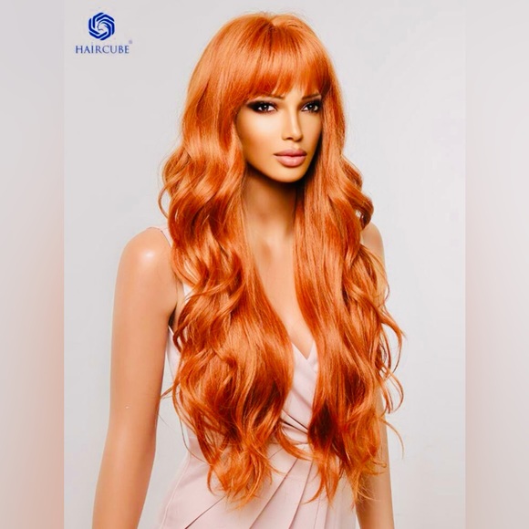 Long Ginger/Orange 26” heat resistant Wavy Curly Wig with Bangs Synthetic/Human - Picture 2 of 5
